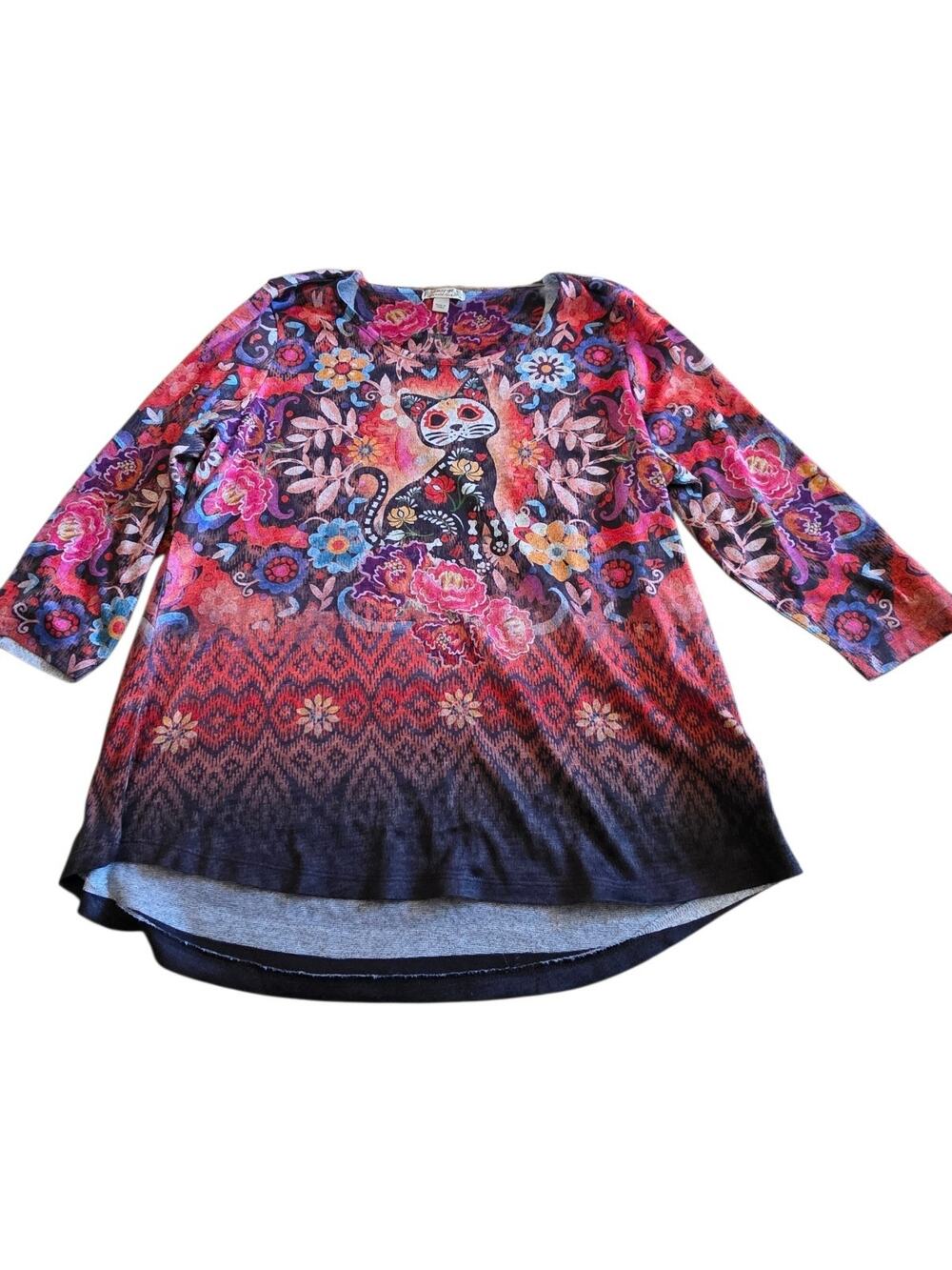 Emerge World Wear Boho Day of the Dead Graphic Cat Top Multicolor Sz XL Artsy